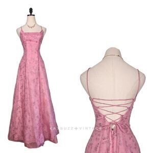 Vintage Prom Dress Maxi Gown 4 Pink Fairy Princess Corset 90S Y2K Sparkle Floral